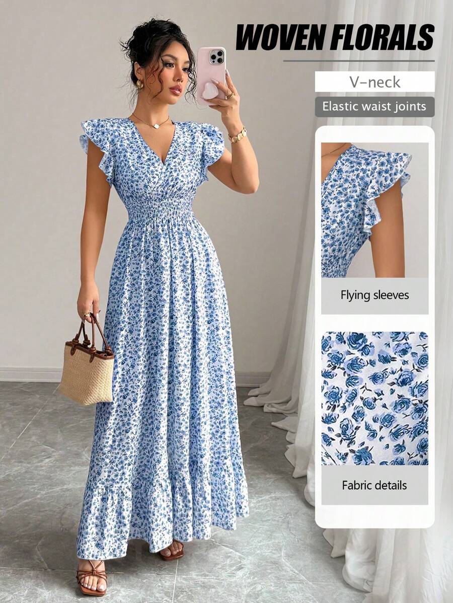 Elenzga New Fashion Shirred Woven Micro Ditsy Floral Cap Sleeve Ruffle Hem Cinched Waist Vacation Style Dress For Women