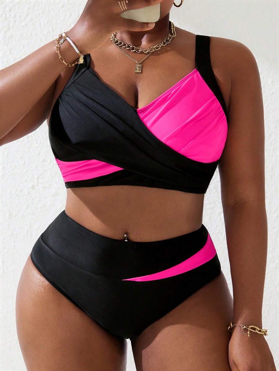 Slaydiva Plus Size Women 2pcs/Set Black & Pink Splice Ruffled Strap Bikini Swimsuit, Summer Beach Holiday