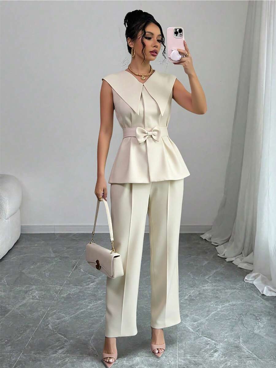 Elenzga Completo estivo da donna composto da blusa smanicata elegante con fiocco in vita e pantaloni lunghi, adatto per festival musicali, vacanze e uso quotidiano in tutte le stagioni