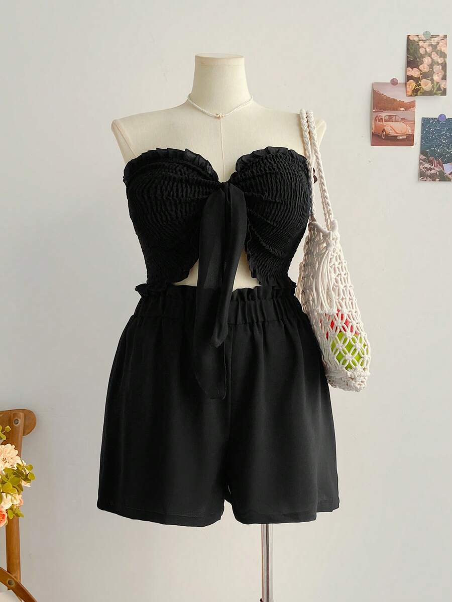 Soleia Plus Summer Boho Knot Front Tube Top & Paperbag Waist Shorts,Holiday Outfits Boho