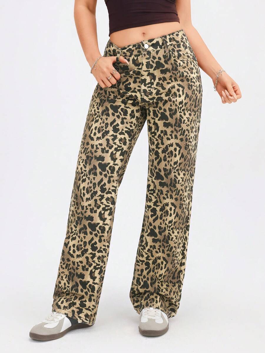 SHEIN EZwear Leopard Print Pocketed Casual Straight-Leg Jeans