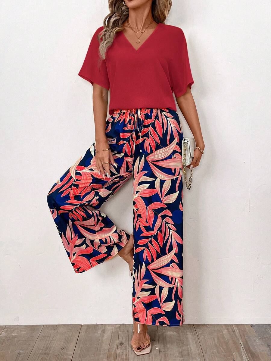 SHEIN Clasi Conjunto de 2 piezas con estampado amarillo: Camiseta de manga corta de cuello en V de unicolor y pantalones largos, de moda para el verano
