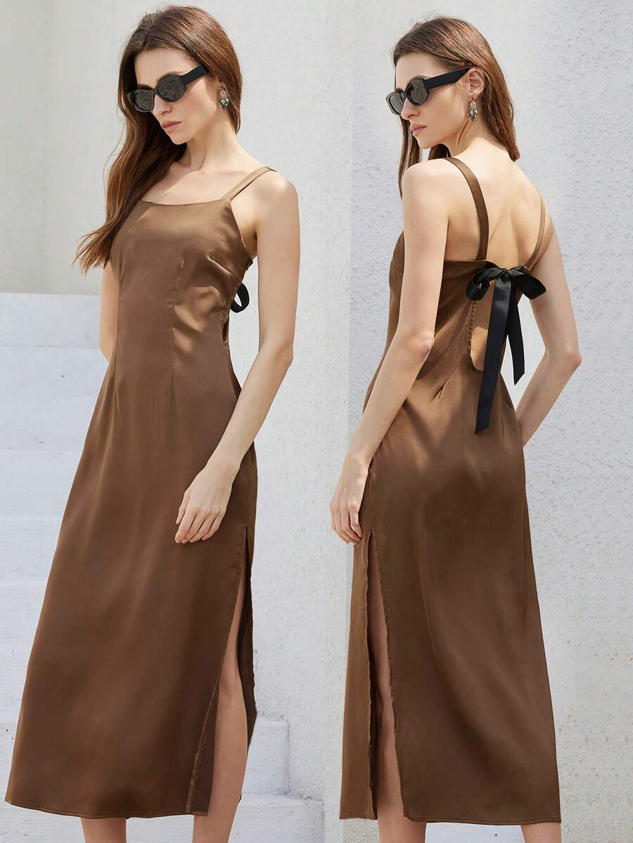 Aveloria Modichic New Elegant French Style Women's Charming High-End Sense Simple Loose Fit Square Neck Cinched Cinched Waist Backbow Tie-Up Satin Slip Long Dress