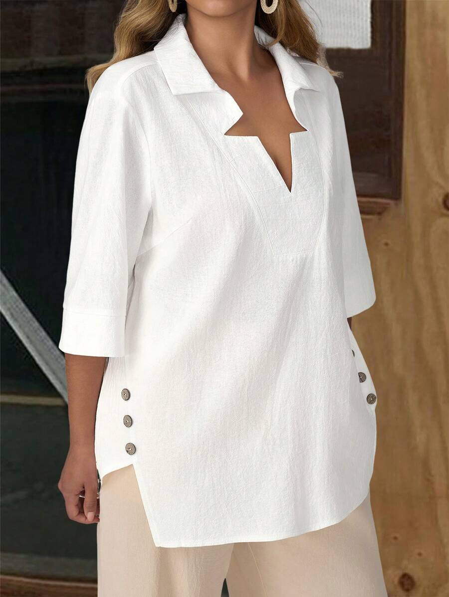 EMERY ROSE Camicia bianca da vacanza con scollo a V, taglia comoda, estiva