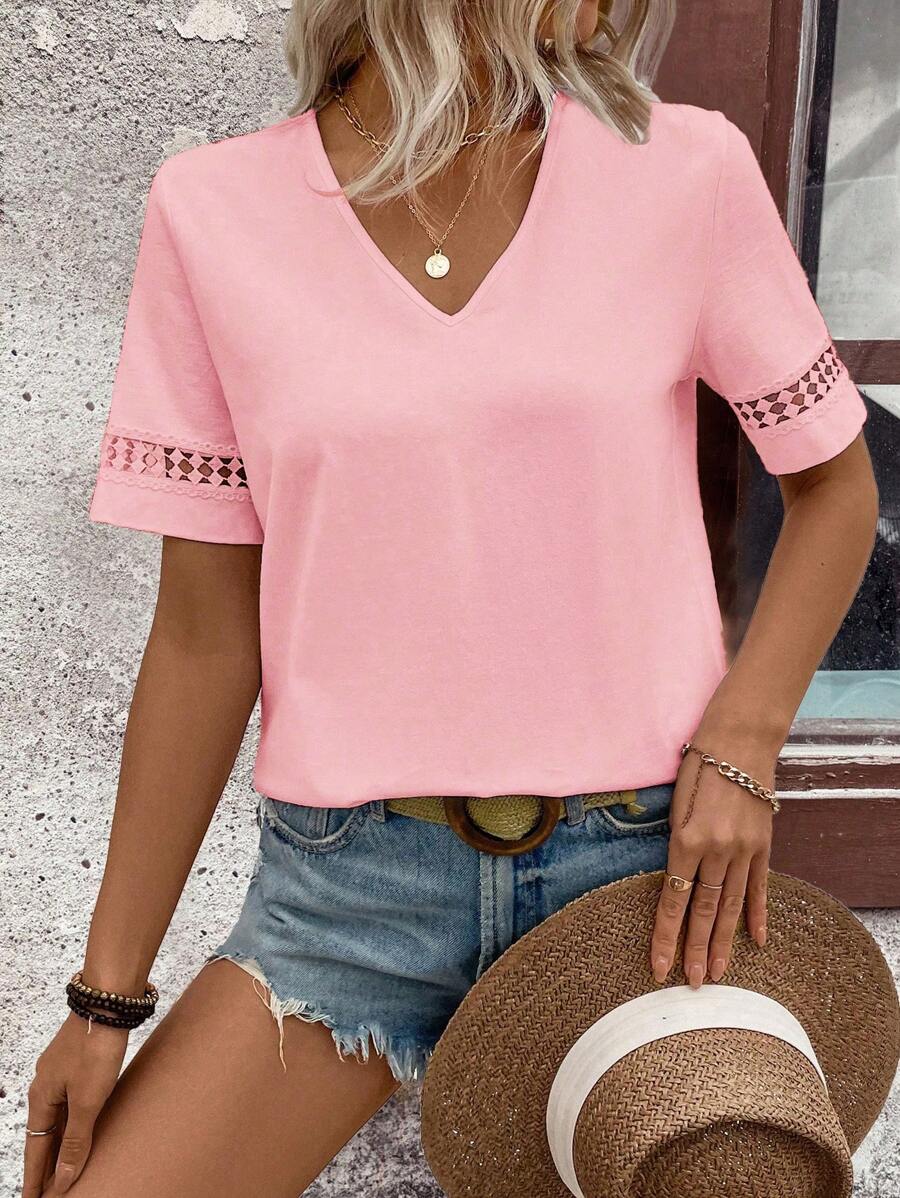 EMERY ROSE Women's Solid Color V-Neck Short Sleeve Lace Patchwork Summer T-Shirt