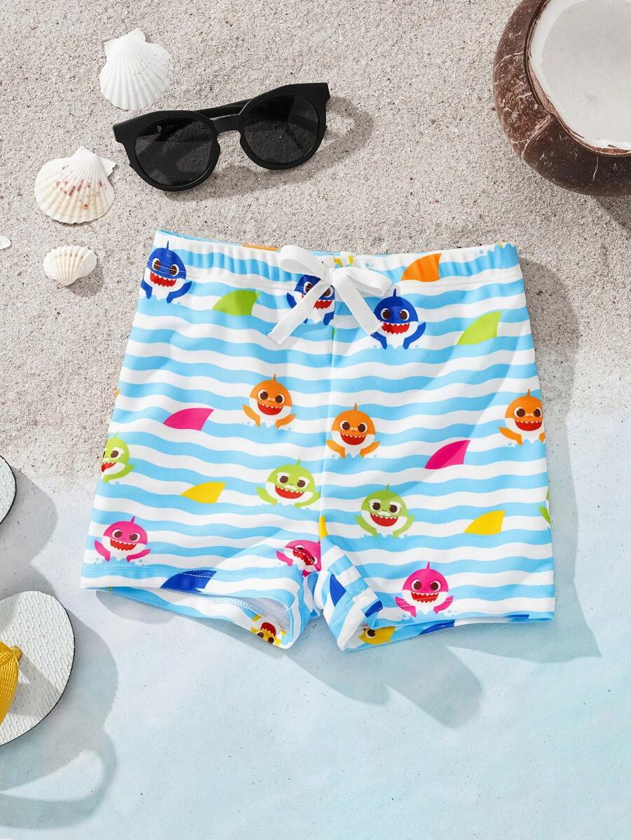 BABY SHARK X SHEIN Baby Boy Striped & Cartoon Print Swim Trunks