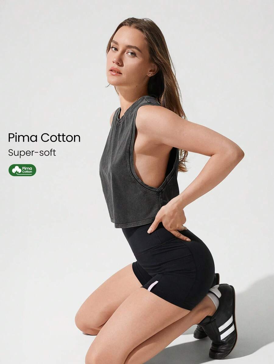 GLOWMODE Washed Pima Cotton Cool Crop Relaxed Fit Crew Neck Cropped Cut Off Boyfriend Muscle Tank Top Gym Training Daily Casual Wear
