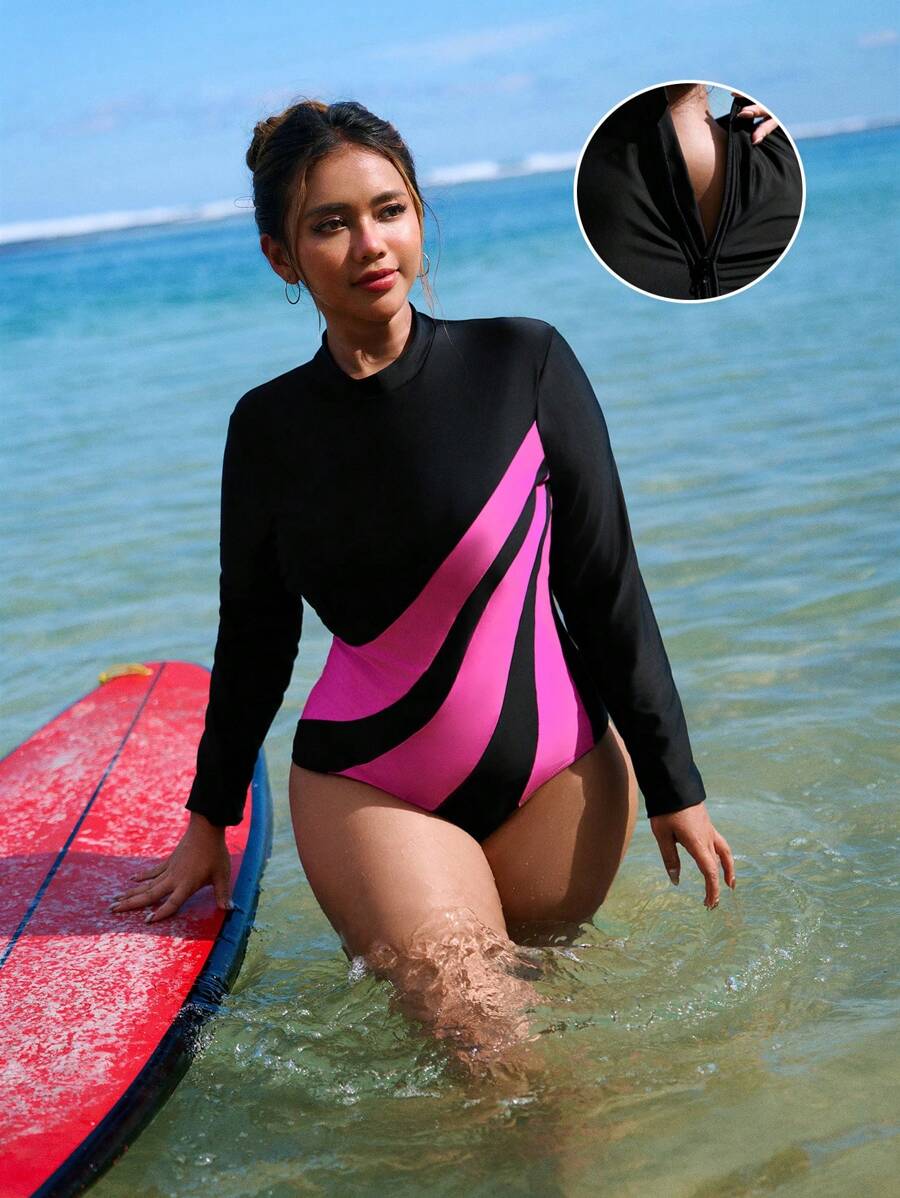 Swim SPRTY Plus Size Women Colorblock Long Sleeve One-Piece Swimsuit, Minimalist For Daily Wear, Vacation & Surfing