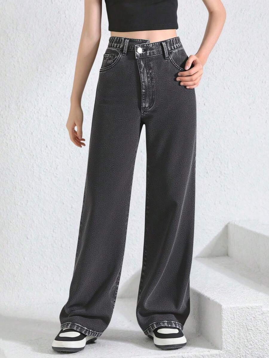 Pantalones informales de niña adolescente con pierna recta y estampado de copos de nieve en negro