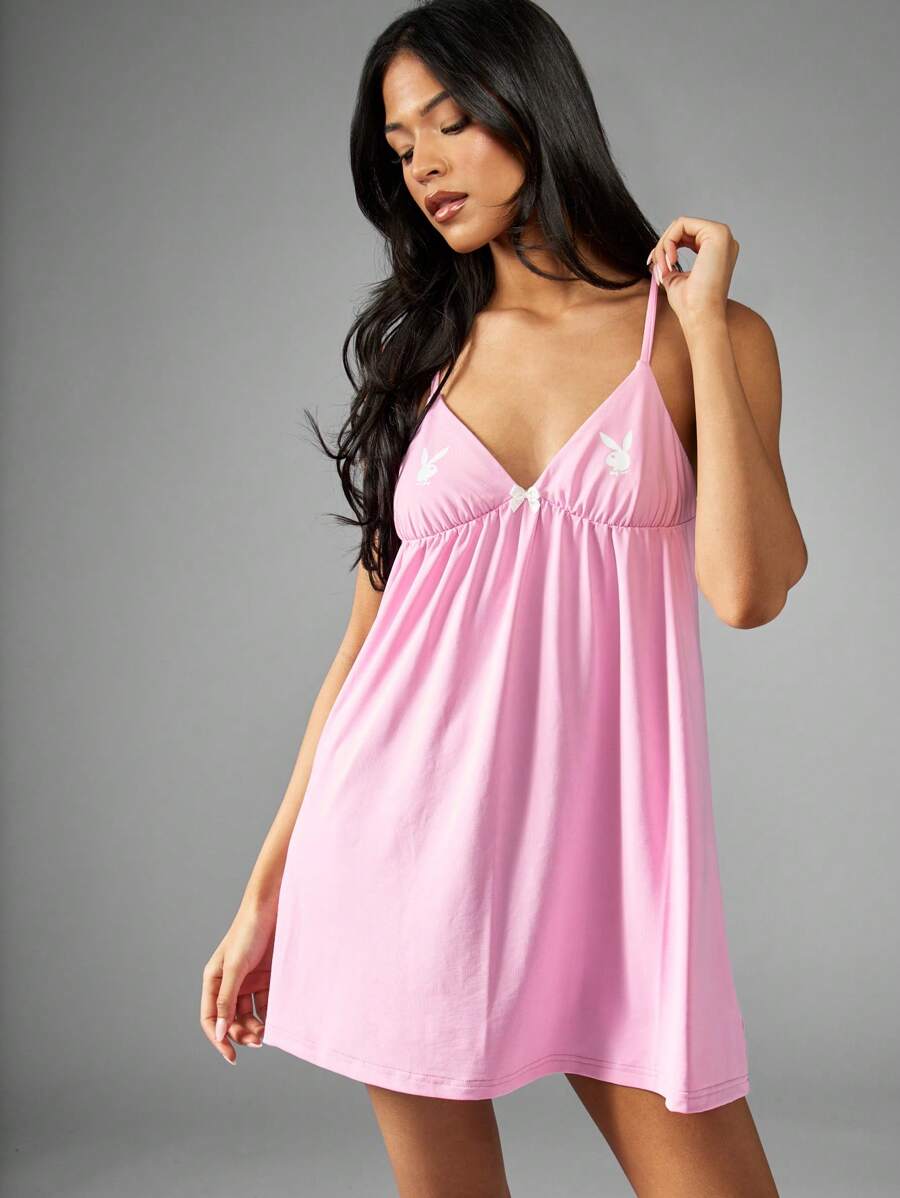 Missguided x Playboy Camisón de cintura alta con logo de conejo, camisón, lencería, vestido de dormir con tirantes ajustables para uso doméstico