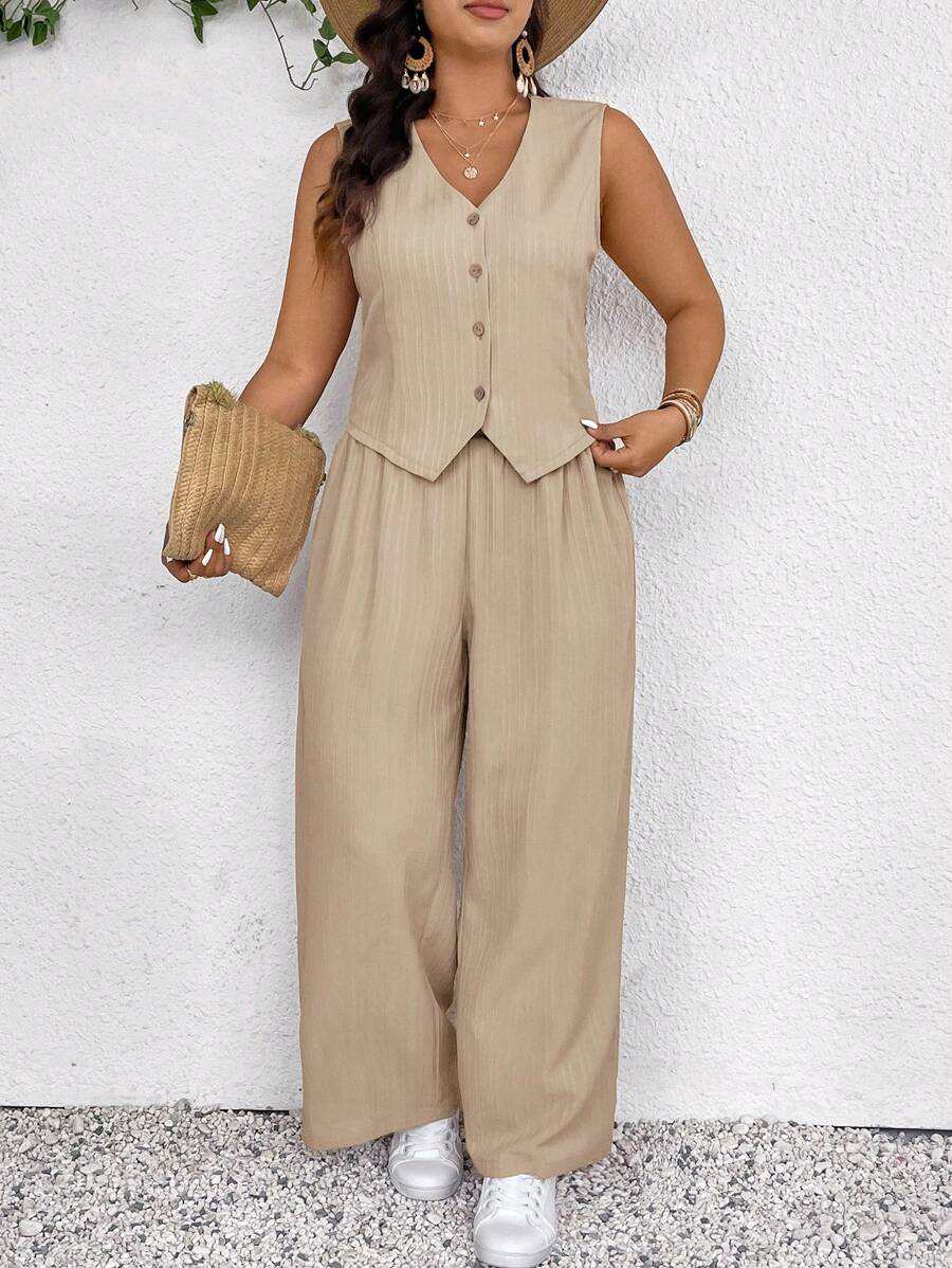 SHEIN Frenchy Conjunto de chaleco y pantalones para mujer de talla grande, de moda y casual para primavera/verano, nuevo conjunto de 2 piezas con textura en color albaricoque, atuendo casual de negocios para mujer
