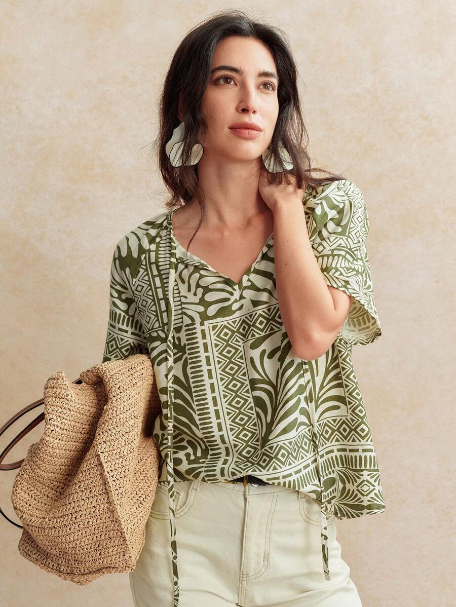 Écloséra Blusa da donna vintage di stile francese con stampa floreale e laccetto in vita