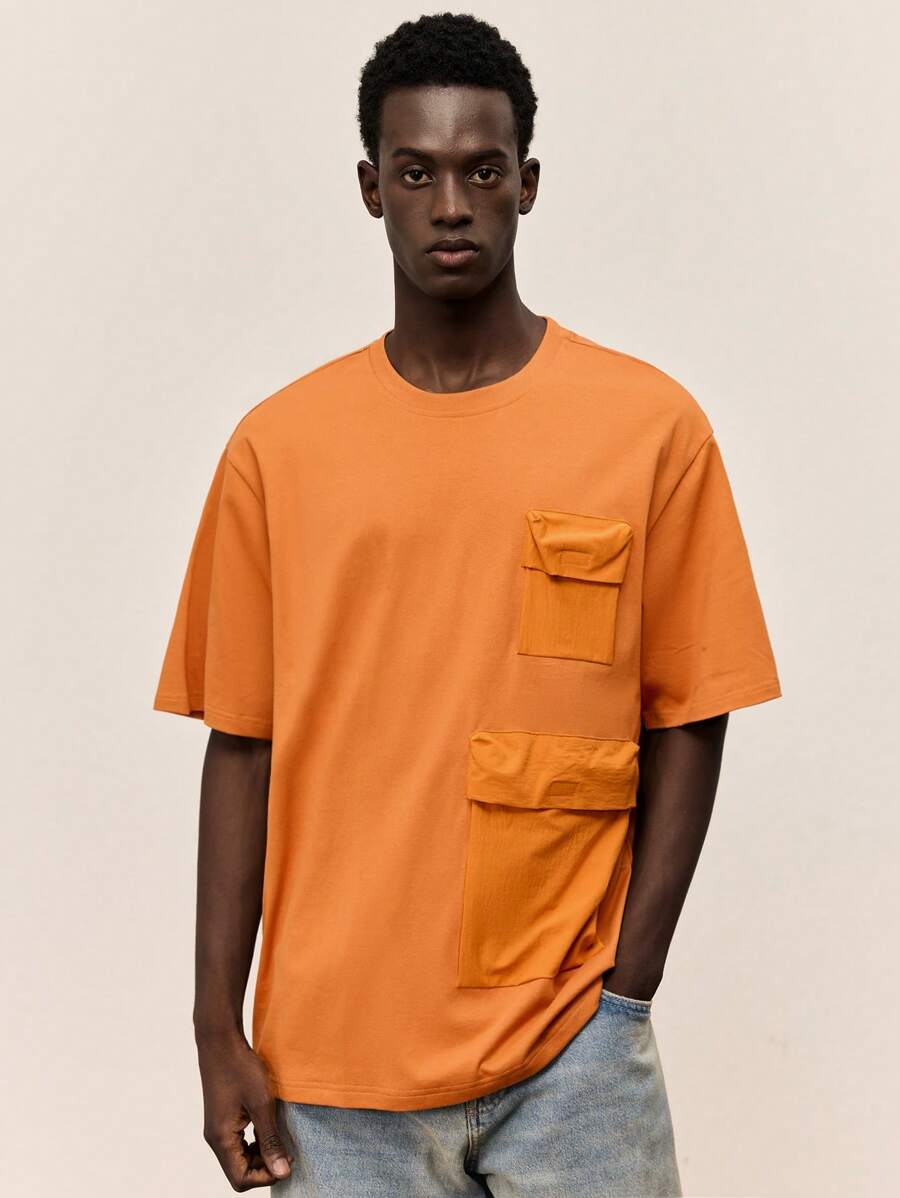 Ontre Camiseta de manga corta cuello redondo de unicolor con bolsillo parche para hombre, adecuada para el verano