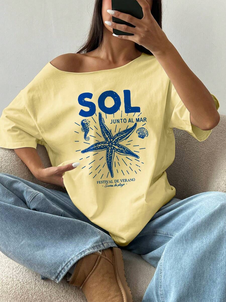 Flirla Oversized Y2K Sea Creature Print Asymmetric Neck Loose T-Shirt, Plus Size Summer Short Sleeve Yellow Tee