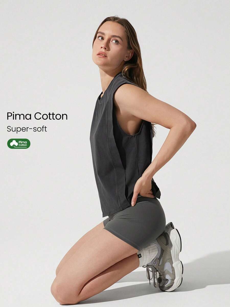 GLOWMODE Washed Pima Cotton Effortless Wide Shoulder Deep Two Layer Armhole Side Slits Muscle Tank Top Gym Training Daily Casual Wear