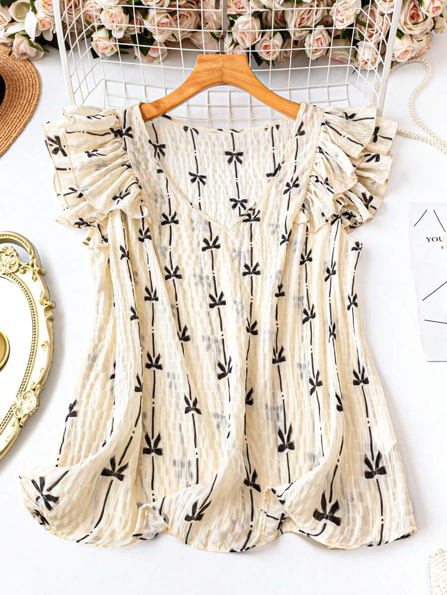 SHEIN LUNE Camicetta oversize da donna con scollo a V, maniche a palloncino e motivo a fiocchi, outfit da vacanza e da spiaggia, adatta per donna, festival