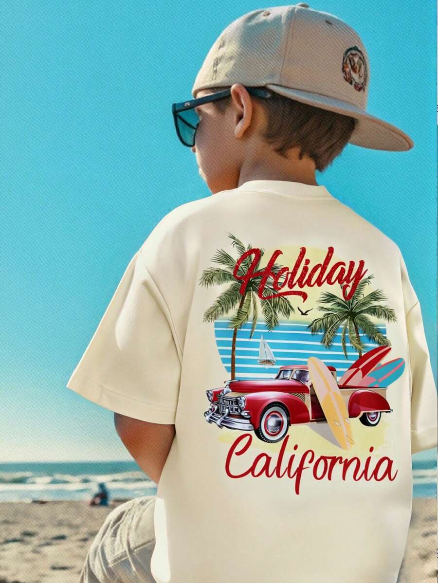 Camiseta casual de manga corta con gráfico de letras y coches vintage, cómoda y versátil, adecuada para todas las estaciones - Estampado de roadster y palmera de playa de verano para niños pequeños