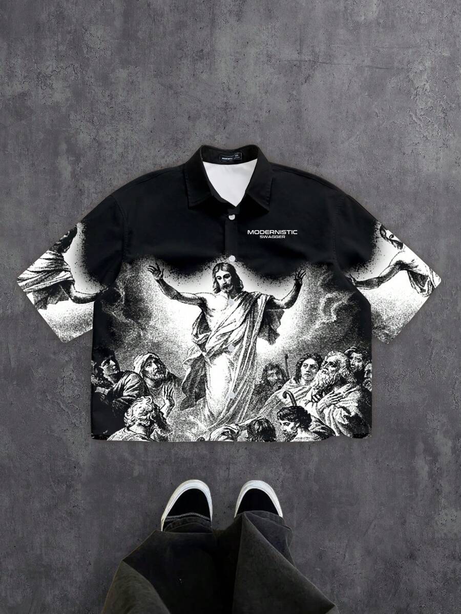 Manfinity ZONE917 Street Religion Gothic Jesus Missionary Scene All-Over Print Cropped Shirt Men's Cropped Tops