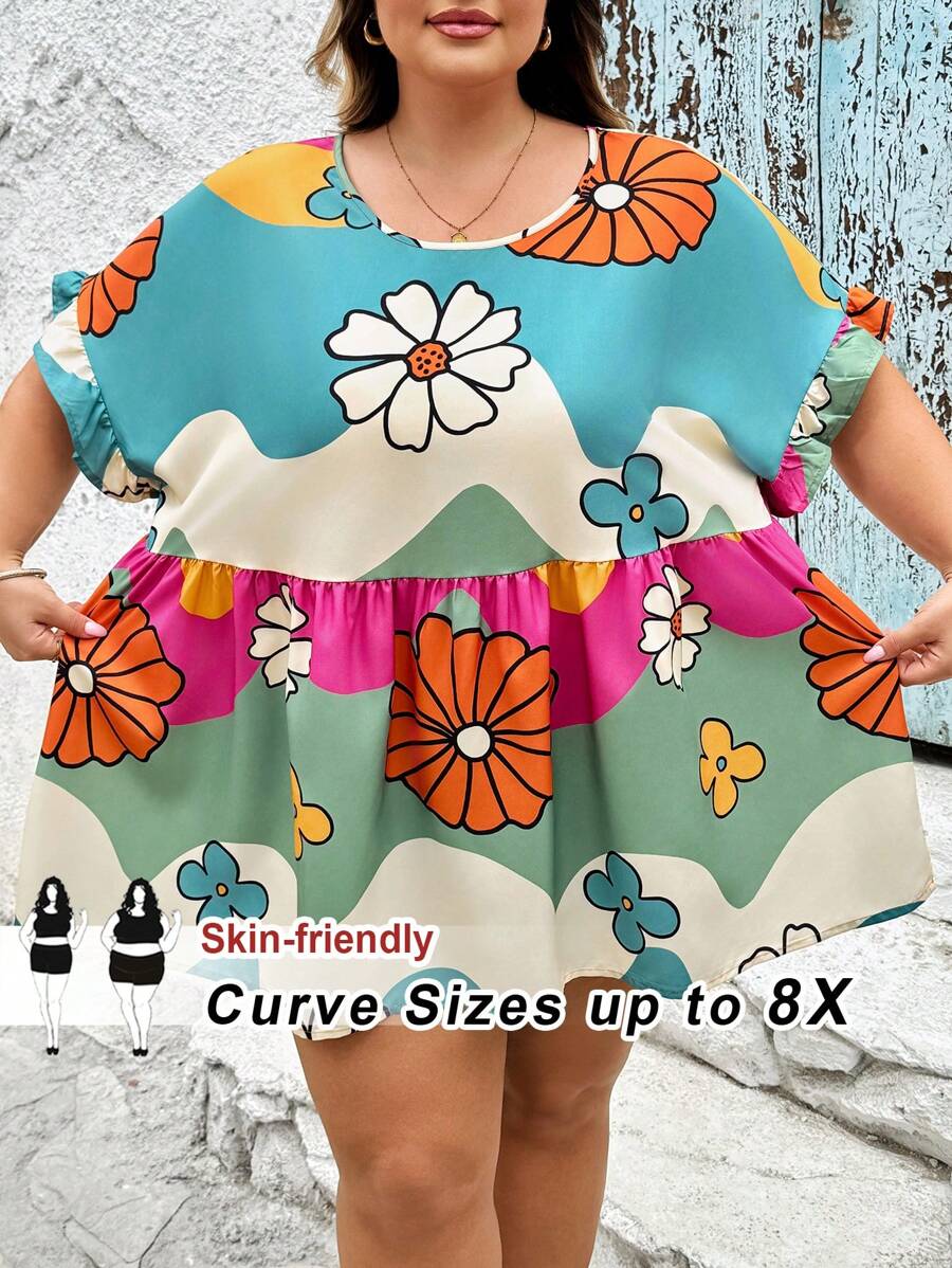 SHEIN CURVE+ Plus Size Colorblock & Floral Print Button-Up Shirt, Summerbeach Outfits For Woman/Beach Dress/Beach Vacation Outfits/Beach Essentials / Graduation/Tea Party Dress