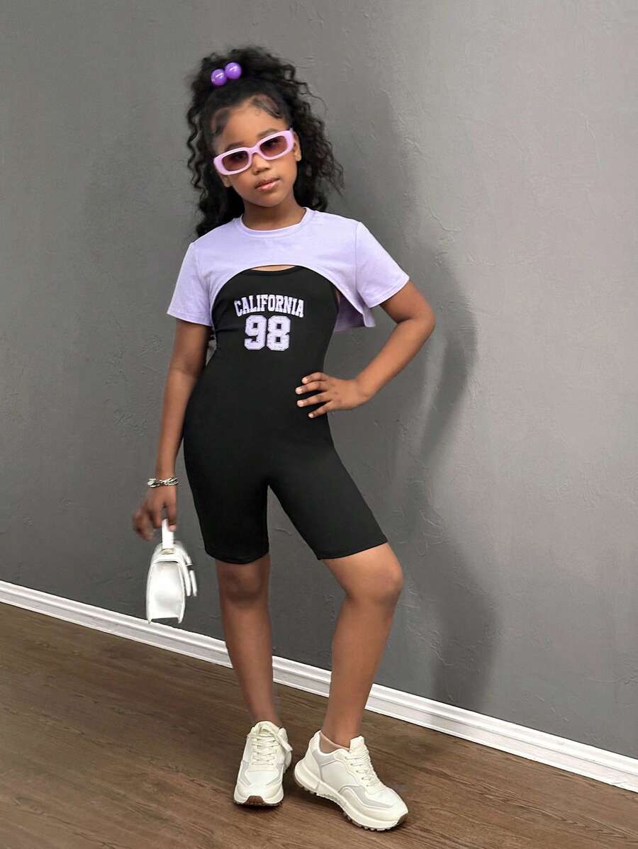 SHEIN Tween Girls Loose Short T-Shirt + Tight Jumpsuit 2pcs Set, Number Printed, Casual Daily Wear