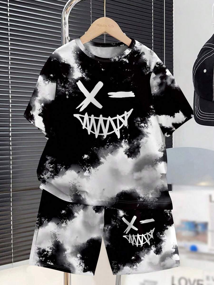 SHEIN 2pcs/Set Teenage Boys Casual Simplistic Tie Dye Retro Print Short Sleeve Crew Neck Outfit, Summer