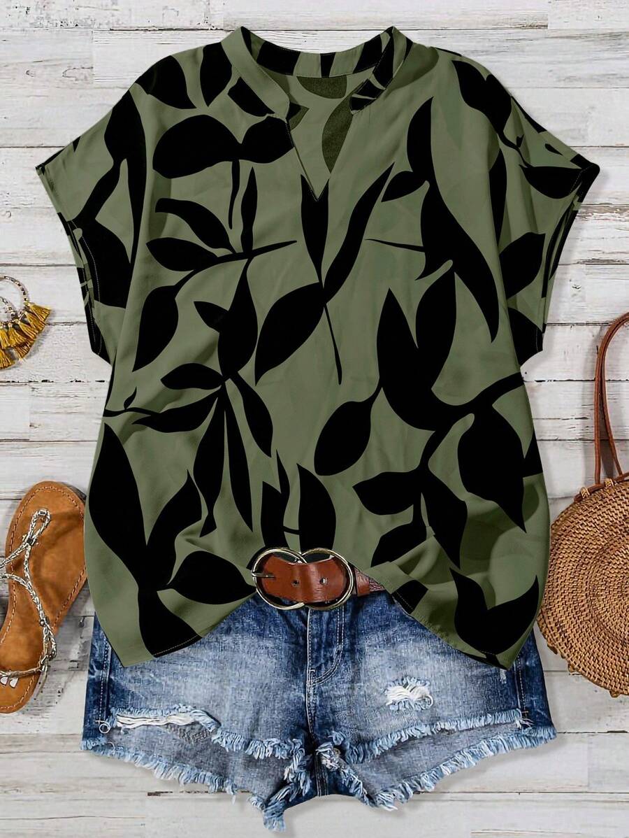 Linhara Camicia a maniche corte con scollo a tacca, stampa a foglie e colore a contrasto, taglie forti