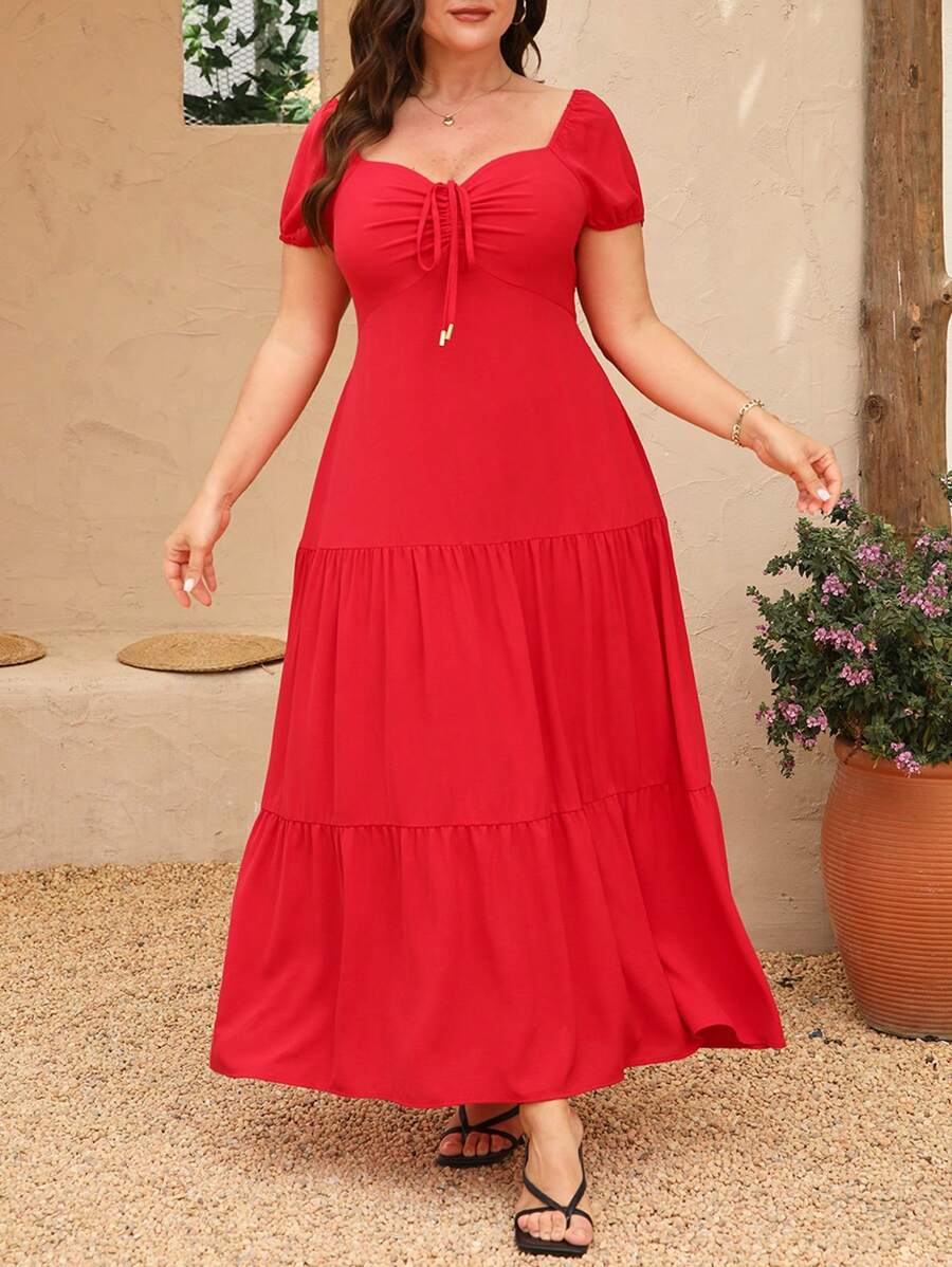 SHEIN Clasi Abito casual a linea A con arricciature frontali, elegante e semplice, adatto per feste, matrimoni e uso quotidiano, taglia comoda, tinta unita