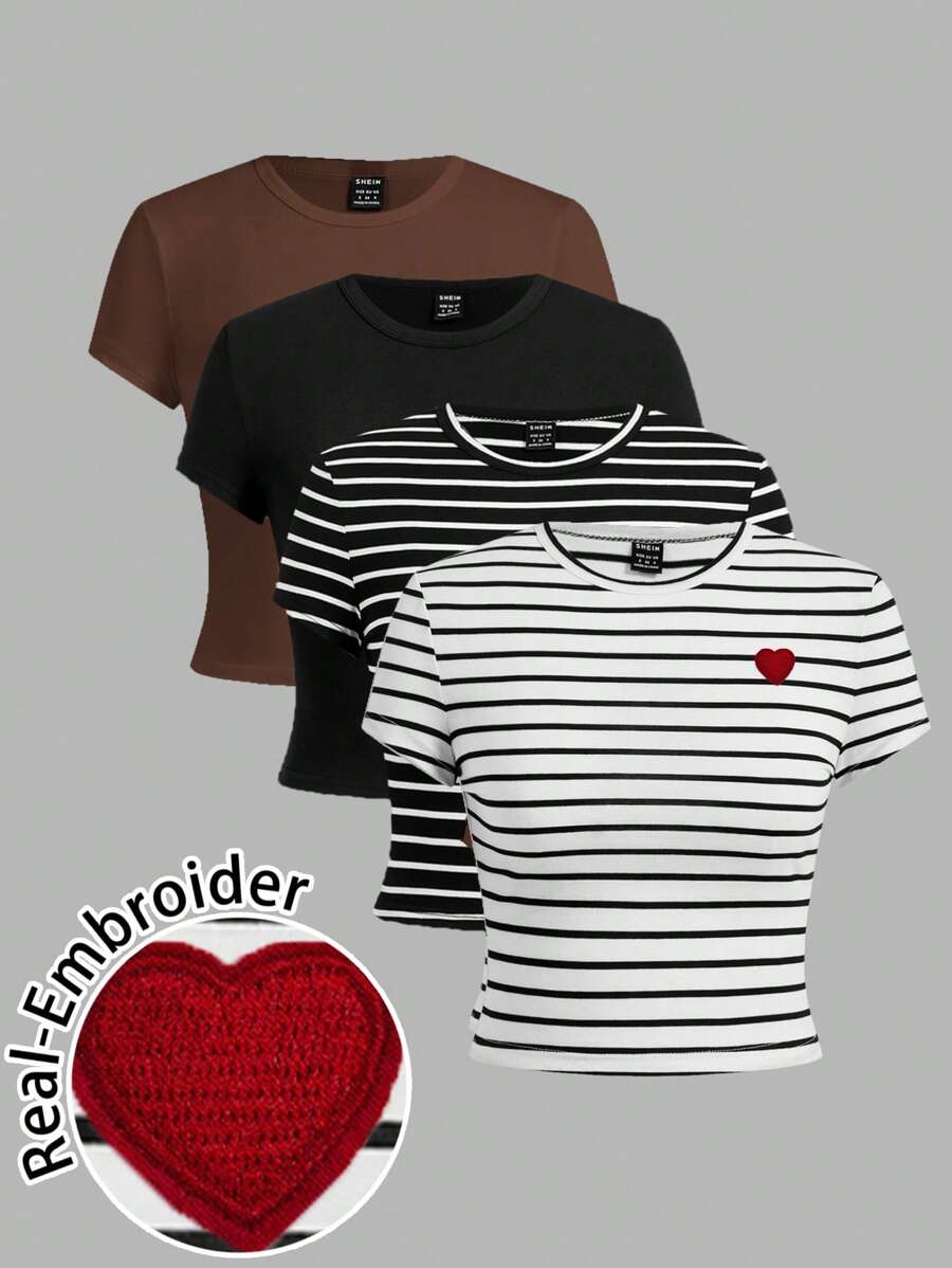 SHEIN EZwear 4 piezas Camisetas ajustadas y cortas de mujer de manga corta con cuello redondo, de estilo minimalista casual con diseños de corazón rojo, sólidos y rayas negras y blancas, versátiles, aptas para primavera y verano