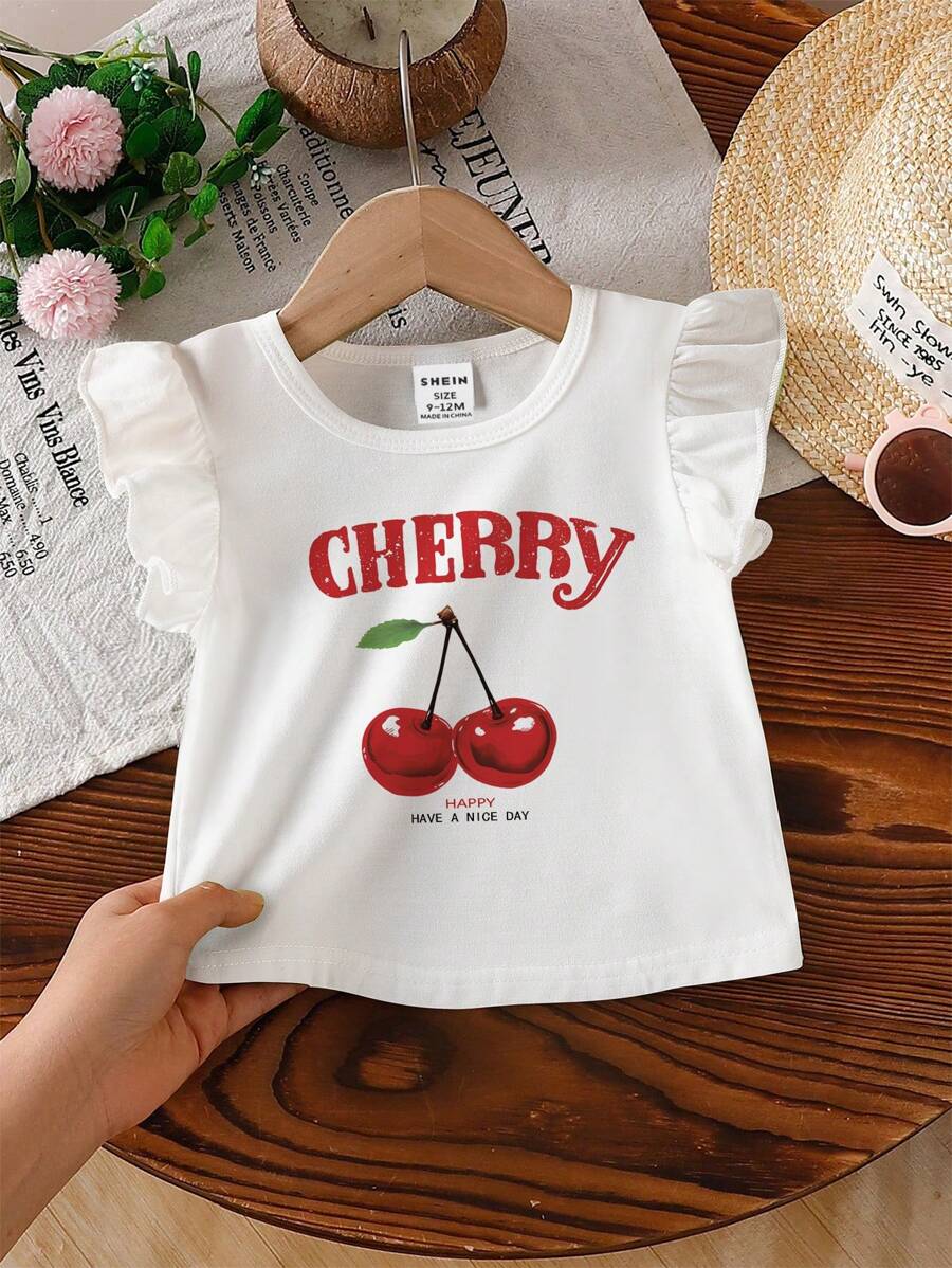 Baby Girl Cherry Blossom & Letter Print Crew Neck Short Cap Sleeve Casual Top