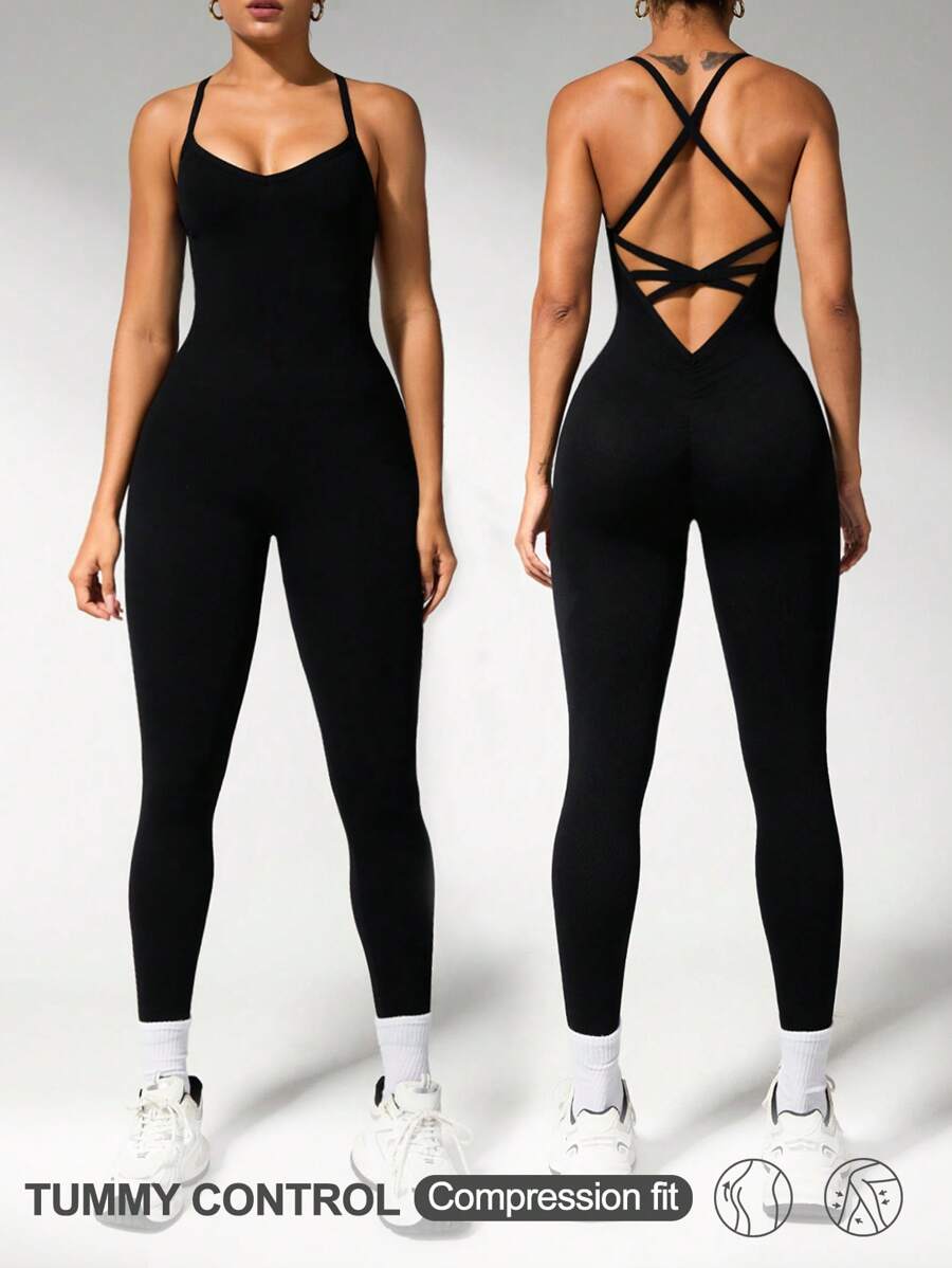 Slayoga Peto sencillo de unicolor con cruce en la parte trasera de la cintura para mujer, atuendo casual para gimnasio