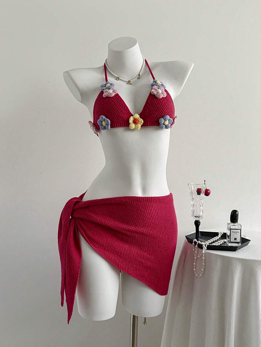 Elamini 2pcs Set Floral 3D Sweater, Vacation Style, Sexy