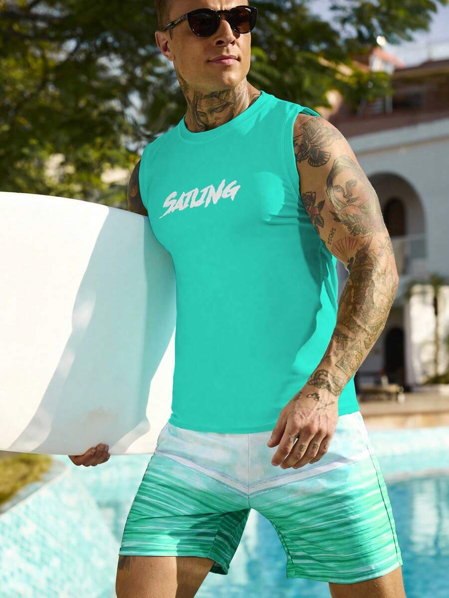Manfinity Swimmode Set de 2 piezas de traje de baño de verano para hombre con top tipo tank y shorts estampados con letras, estilo hawaiano
