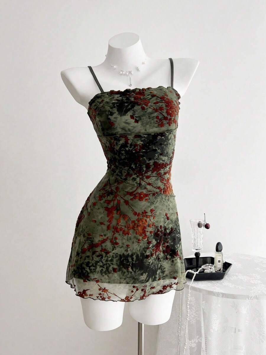 Elamini Flocked Retro Camisole Versatile Dress, Spring/Summer