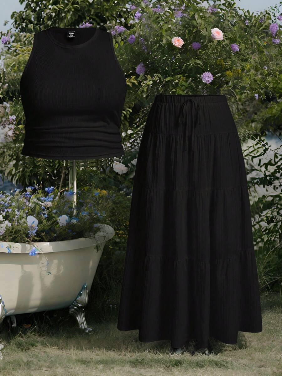 SHEIN EZwear 2pcs/Set Black Sleeveless Tank Dress Plus Size