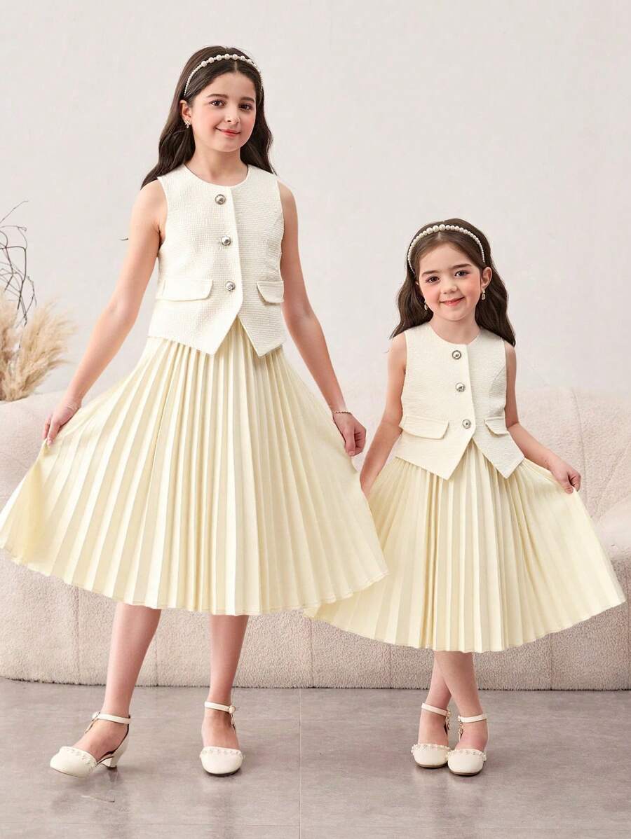 SHEIN 2pcs Set Young Girl Elegant Sleeveless Blazer Vest & Pleated Skirt Suit,Mom And Daughter & Sisters Matching Style Matching