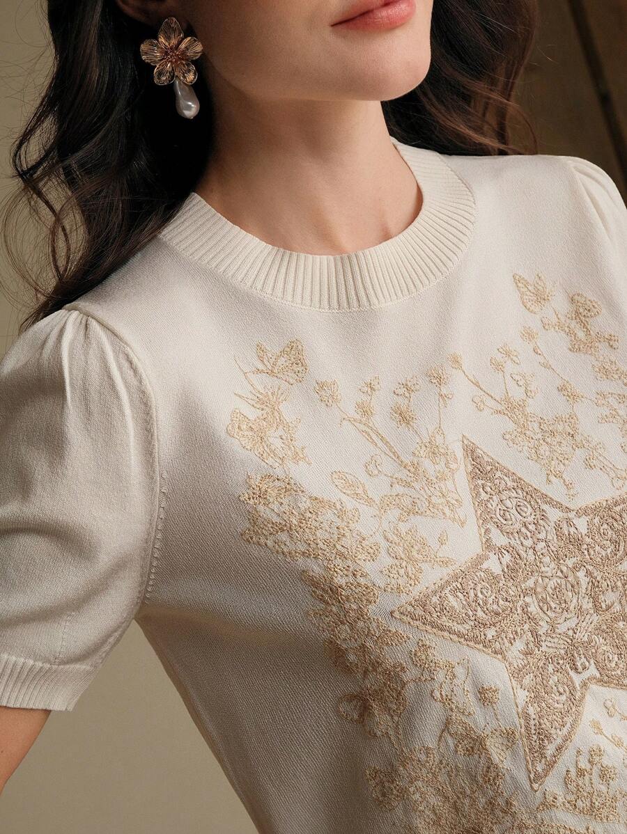 Anewsta Elegant, Casual, Easter, Festival, Vacation Outfits For Women, Vintage-Inspired Star Embroidery Chic Modern Short Sleeve Top, T-Shirt, Blouse For Spring & Summer Festival, Graduation