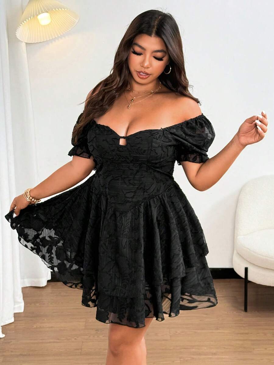 Sunnyshic Plus Size Jacquard Weave Puff Sleeve Elegant Resort Dress
