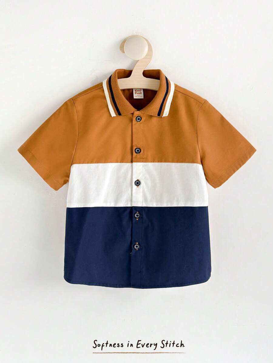 Cozy Pixies Camisa casual y versátil para niño con cuello polo, manga corta y botones, en diseño de bloques de colores contrastantes