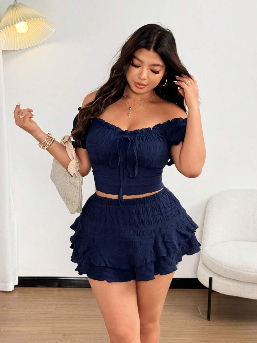 Sunnyshic Ensemble deux pièces grande taille, blouse épaules dénudées sexy avec nœud papillon et shorts, pour sortir, les vacances, la plage