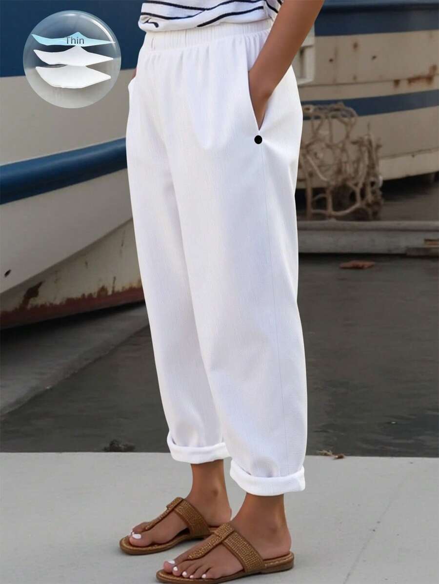 SHEIN PETITE Plus Size Women's Elegant Regular Fit White Pants With Pockets, New Summer Casual Elastic Waist Pleated Trousers