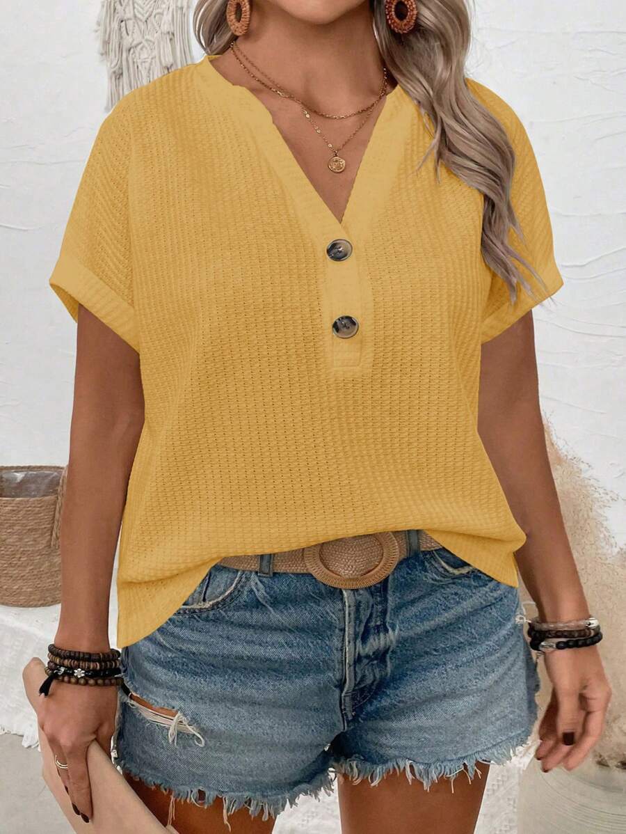 SHEIN VCAY CURVE New Plus Size Women Casual Loose V-Neck Button Short Sleeve T-Shirt