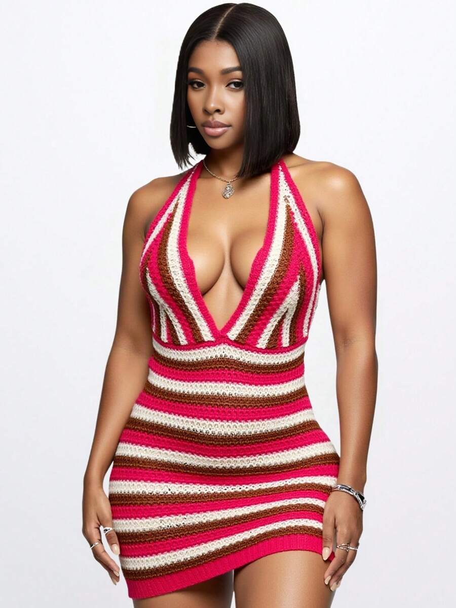 Slaydiva Vacation Multicolor Striped Halter Sundress For Women