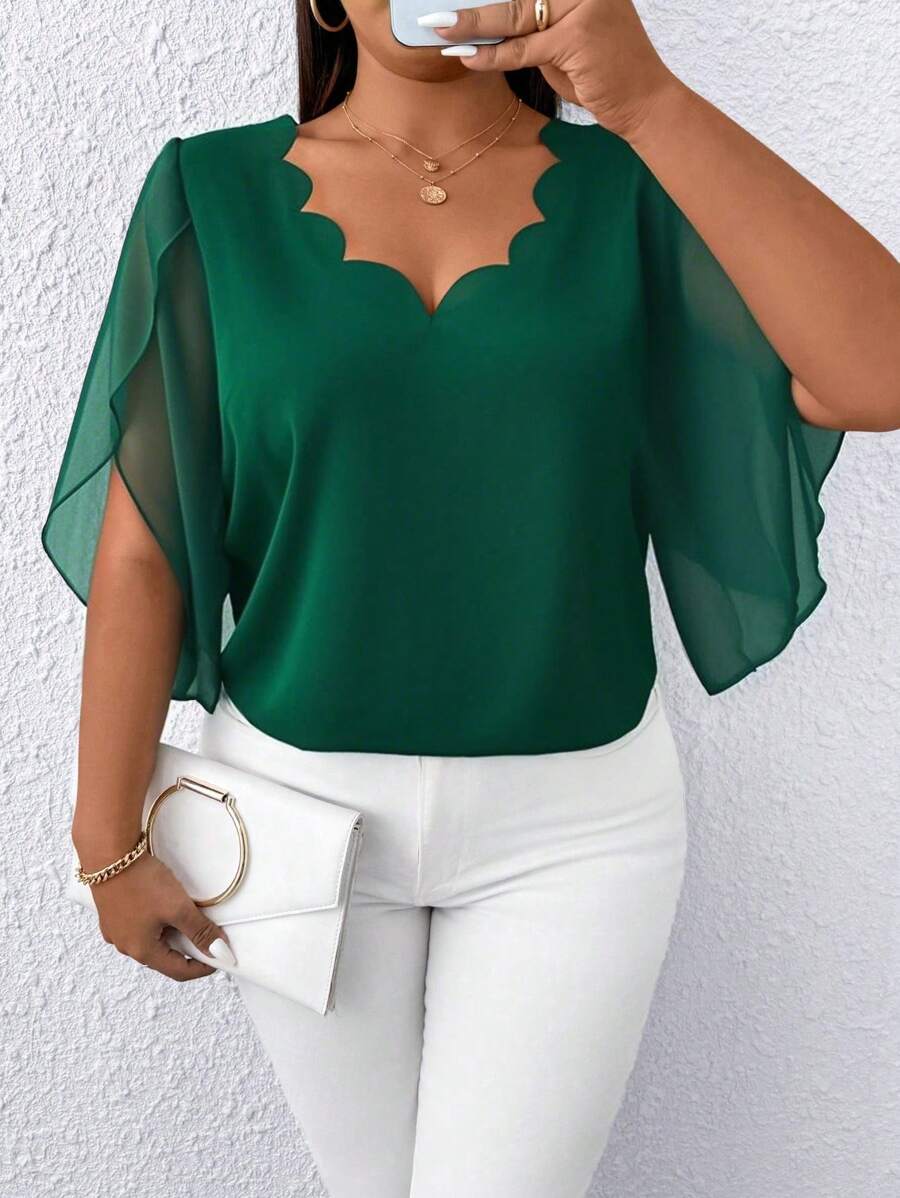 Elenzga Blusa casual con colletto in pizzo e maniche trasparenti in chiffon, taglie forti