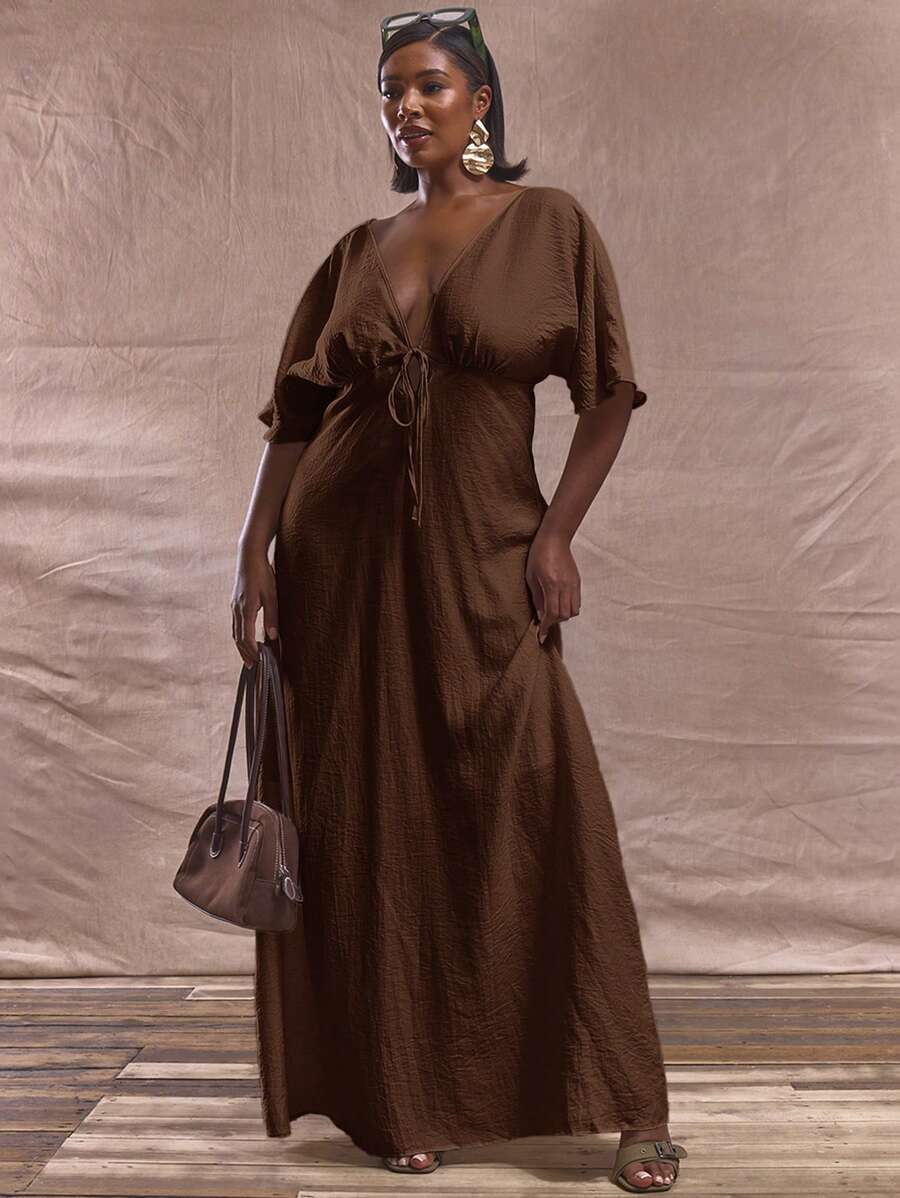 MUSERA Vestido midi con escote en V y cordones frontales de manga corta, talla grande, para primavera y verano, bonito y elegante, atuendo de vacaciones, vacaciones, elegante Ibiza, vacaciones