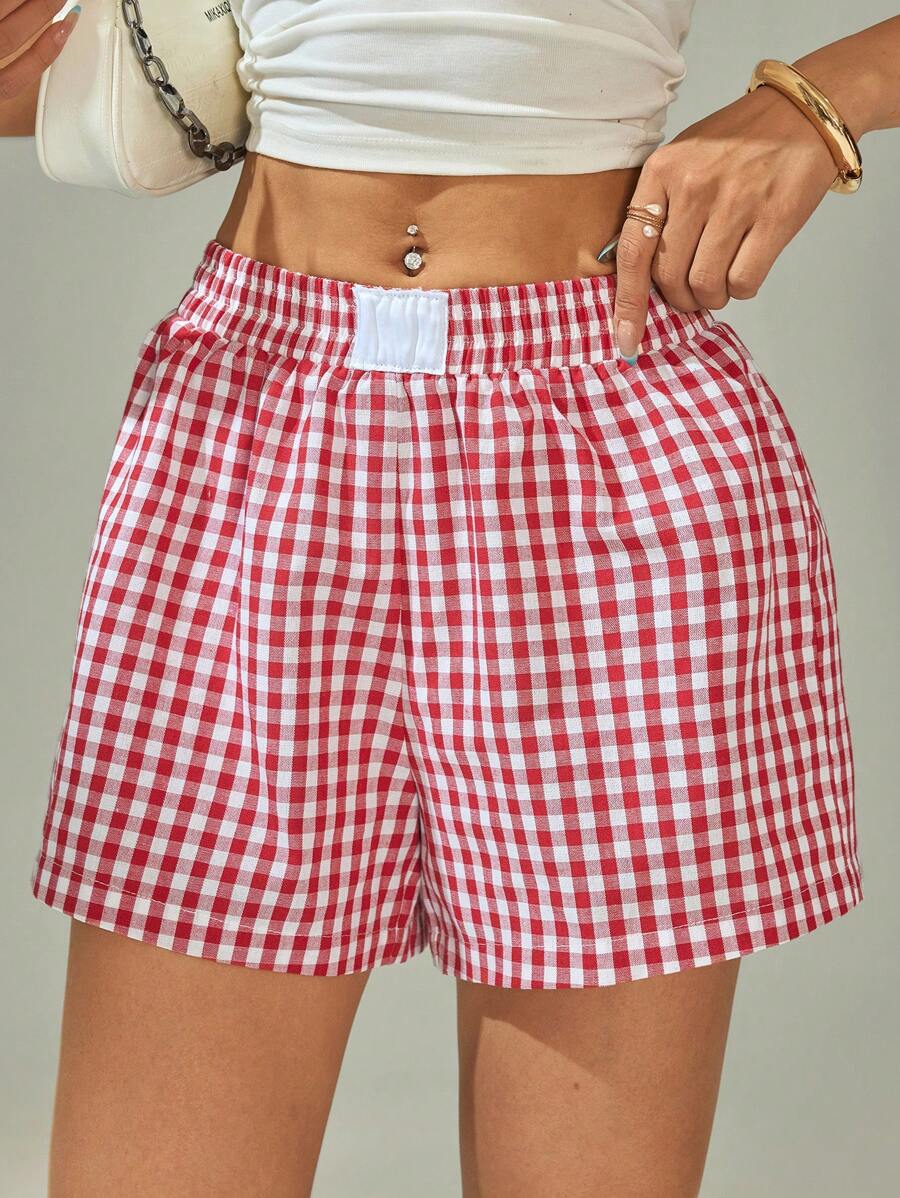 SHEIN PETITE Women High Waist Plaid Shorts, Fashionable For Summer,Flowy Shorts
