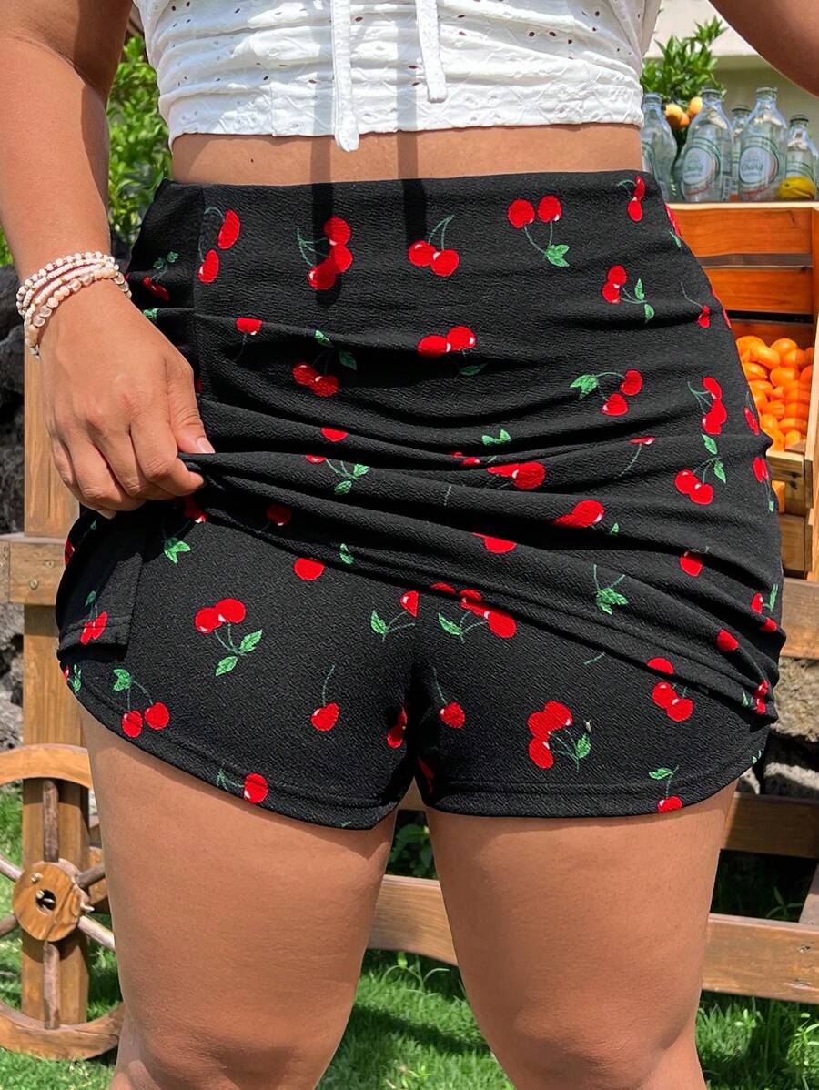 SHEIN EZwear Falda pantalón con estampado de cerezas en tallas grandes, para primavera/verano