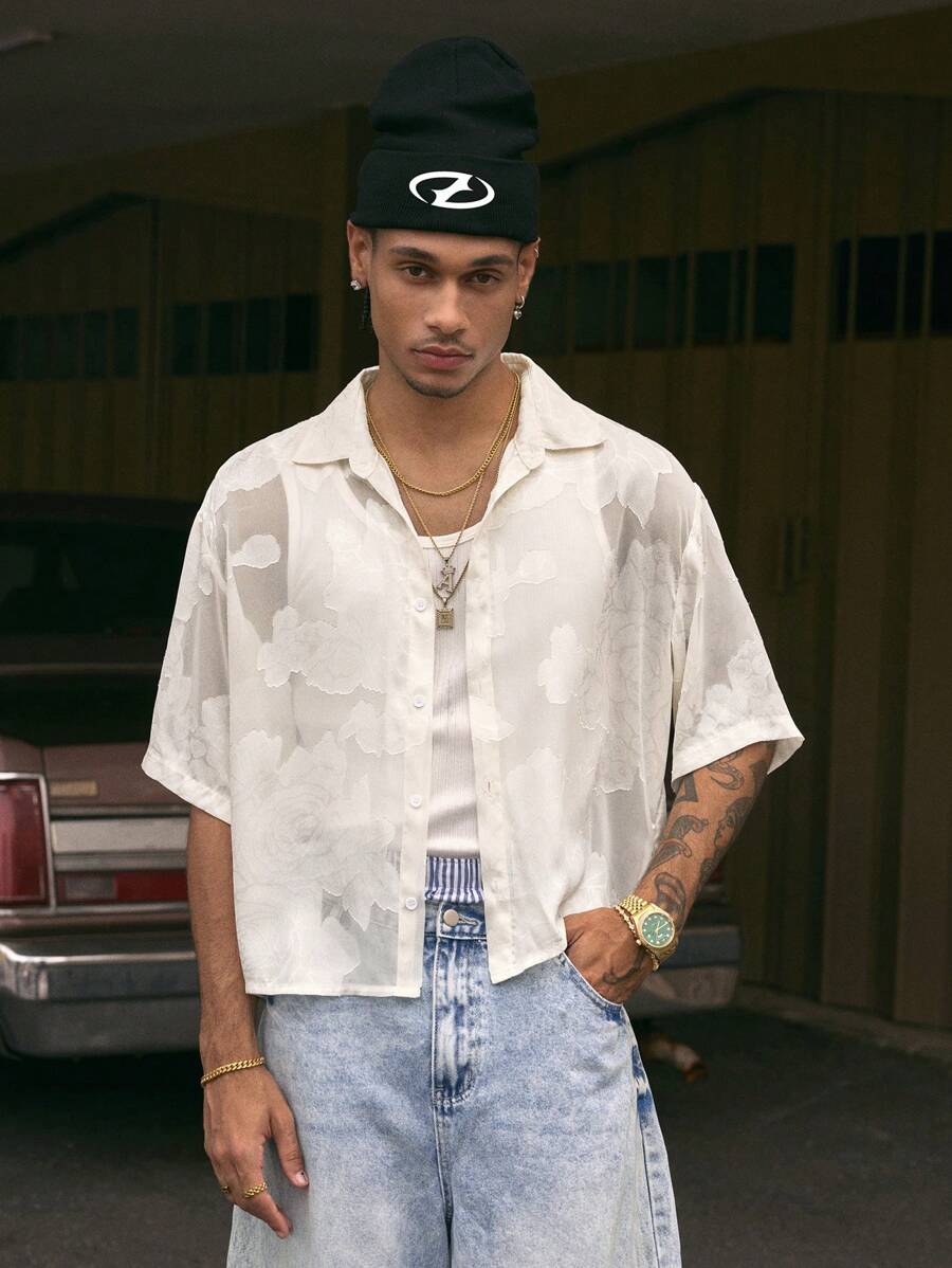 AXEPEAK Men's Loose Cut Short Sleeve Collared White Shirt With Cutout Floral Pattern, Streetwear Edition