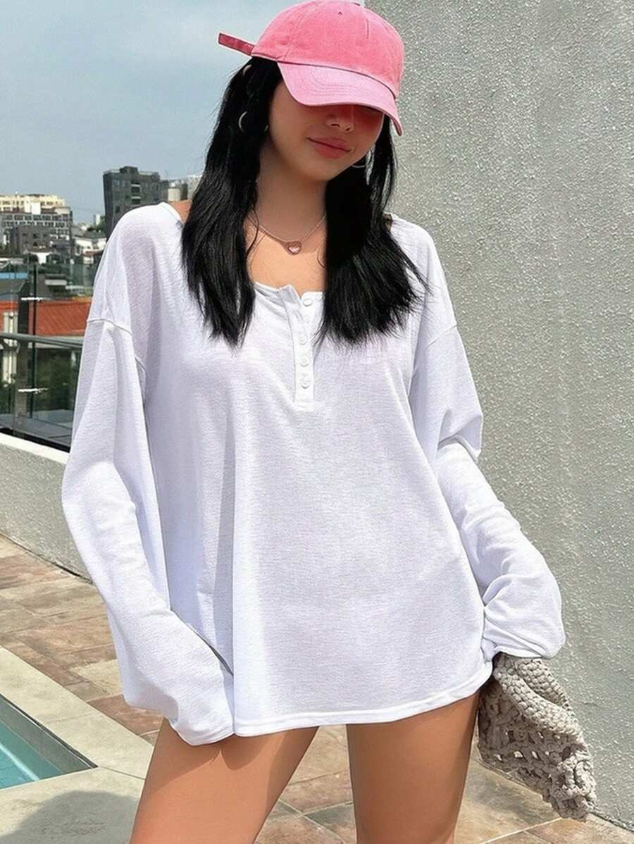 Dazy Plus Semi-Opened Collar Loose Fit Long Sleeve White Vacation T-Shirt, Spring/Summer/Autumn Women Clothing Summer Outfits