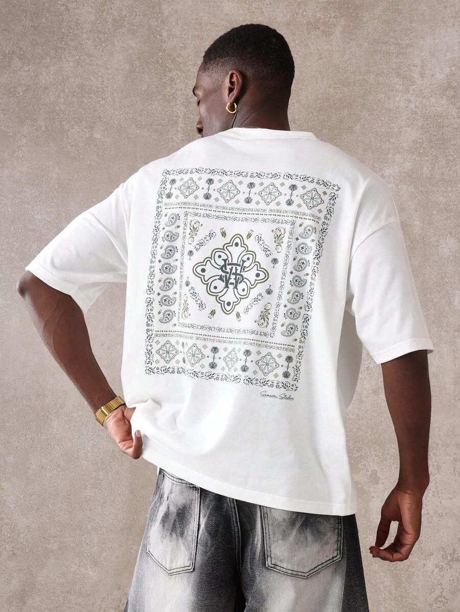 SUMWON Premium Bandana Back Print T-Shirt Oversized Cotton Tee Casual Streetwear Summer Travel Beach Festival Loose Fit Short Sleeve Top Athletic Workout Gym Shirt