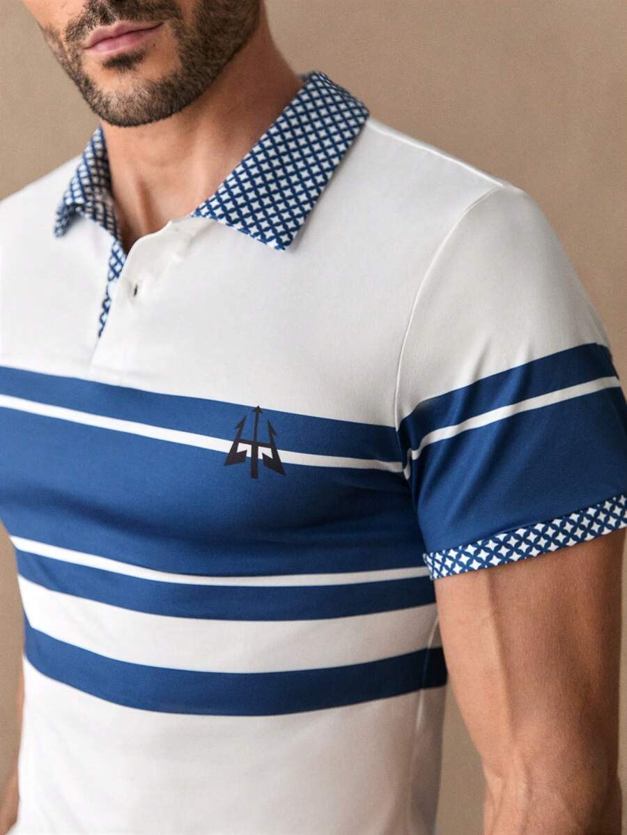 Manfinity ModaGents Camisa polo de manga corta raglán de ajuste ceñido con estampado de patrón a rayas para hombre